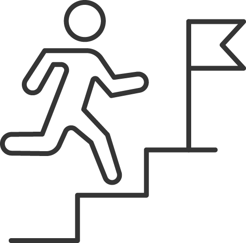 Icon of person running up stairs toward a flag